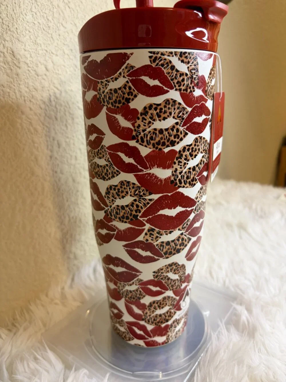 Wellness 40 Oz Leopard Lips Tumbler Red Glitter Straw Handle NWT